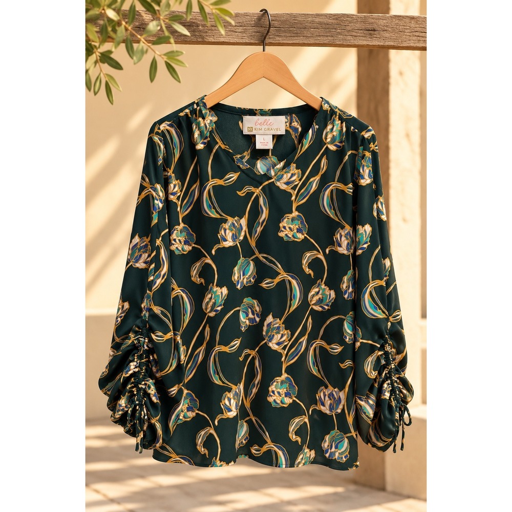 Belle by Kim Gravel Green Floral V-Neck Blouse Ruched Tie Sleeve Size L